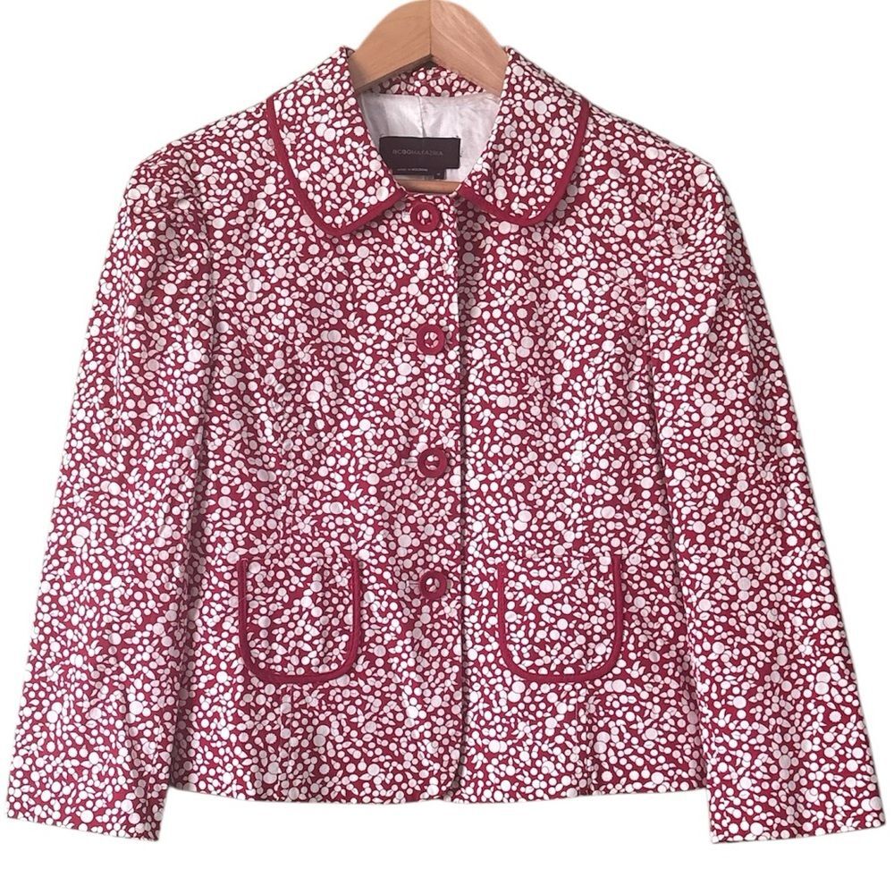 BCBGmaxazria Red White Floral Preppy Cottagecore Cotton Blazer Sz M